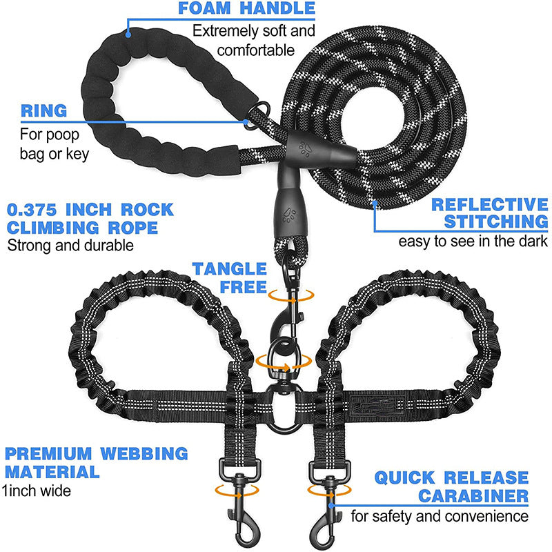 Double dog leash coupler by Zuka & Co. connecting two dogs for easy walking, featuring sturdy clips and adjustable design.