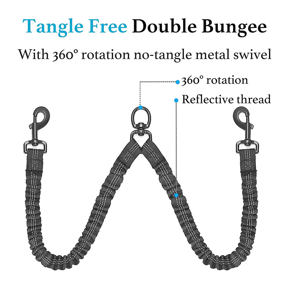 Double dog leash coupler by Zuka & Co. for walking two dogs, featuring durable clips and adjustable length.