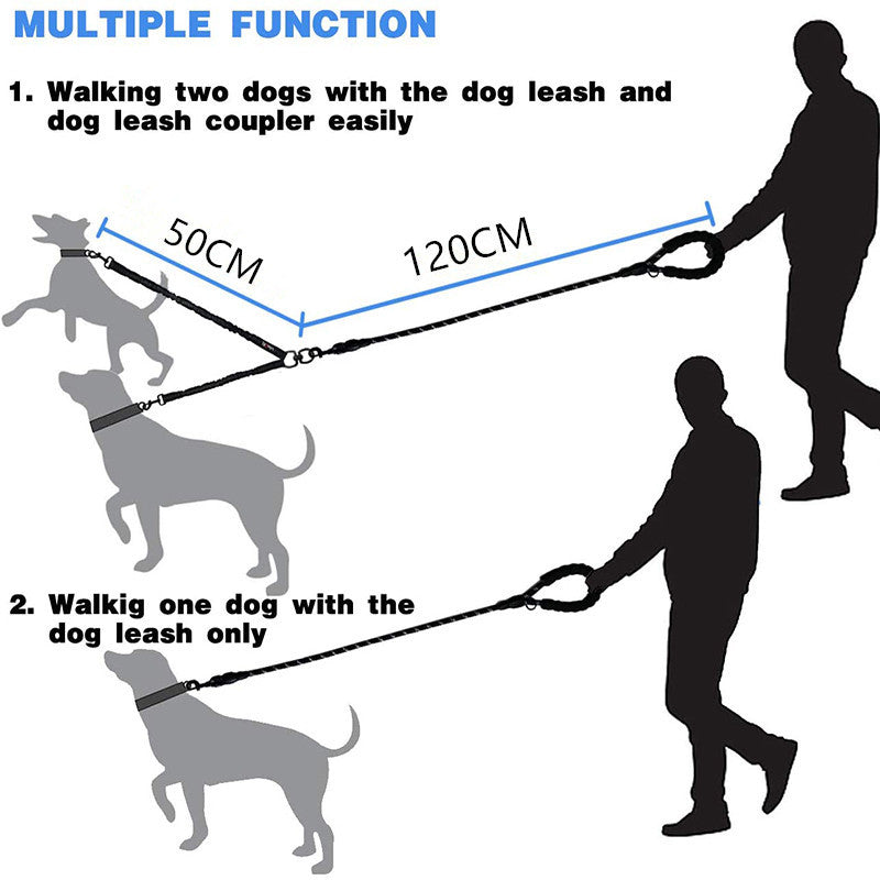 Double dog leash coupler by Zuka & Co. connecting two dogs for easy walking, featuring durable clips and adjustable length.
