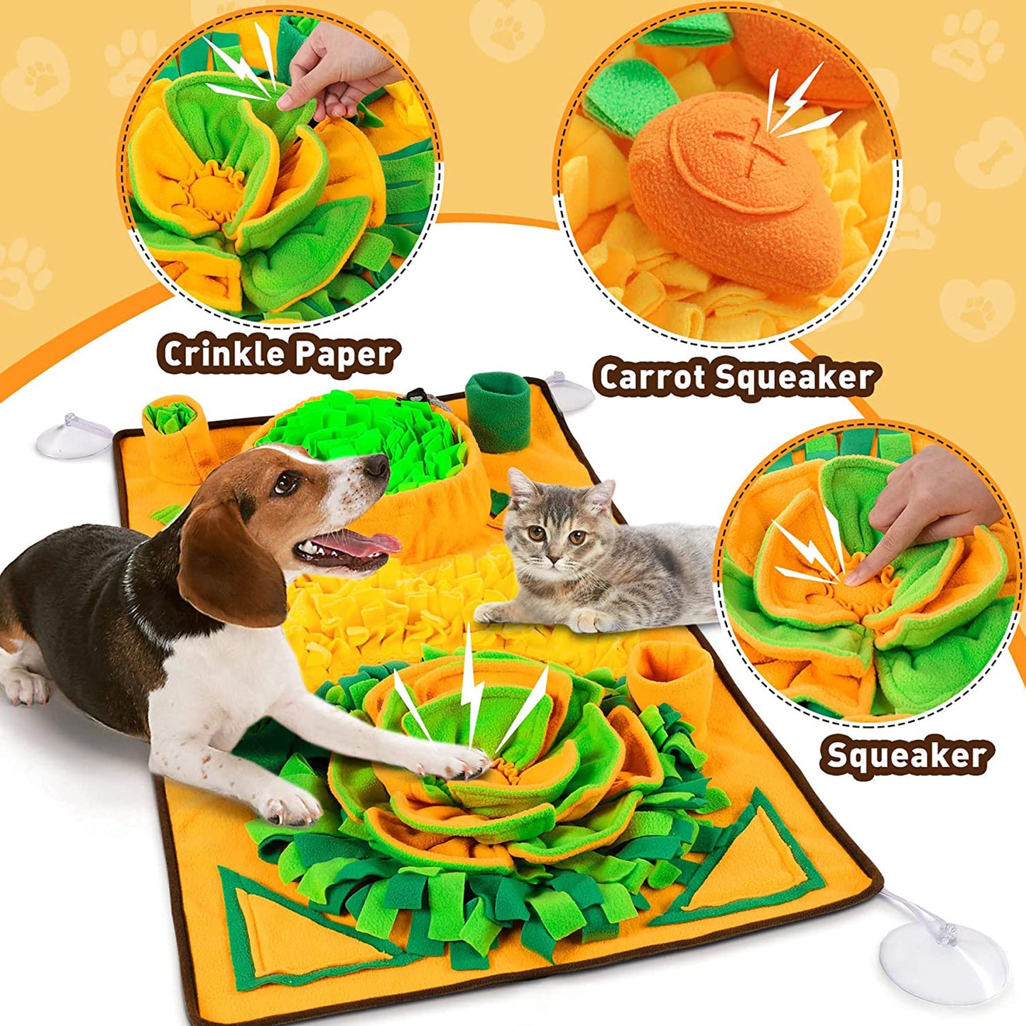SniffGarden™ Pet Snuffle Mat by Zuka & Co. with treat-hiding design, suction cups, and storage strap for dogs and cats.