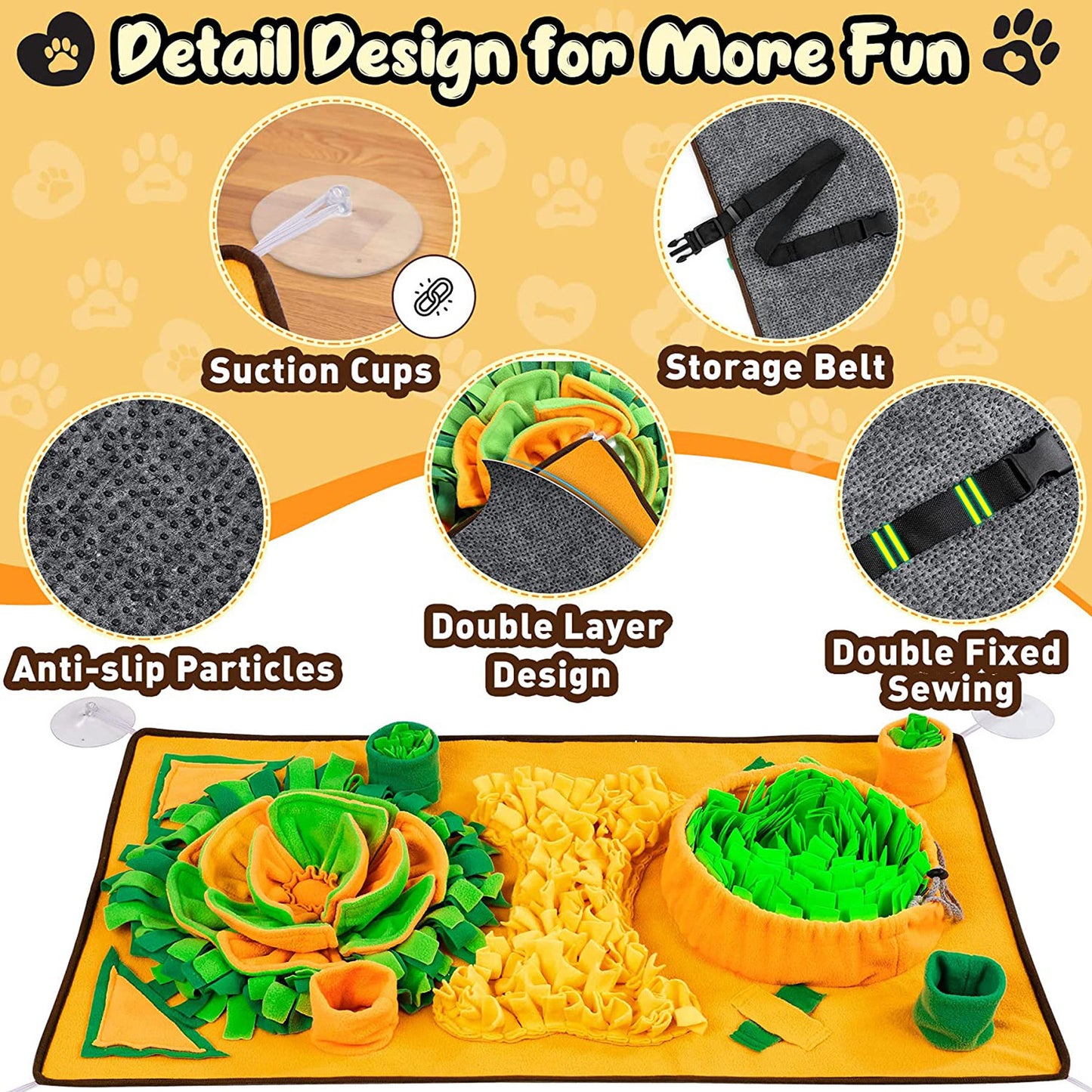 Zuka & Co. SniffGarden pet snuffle mat with treat-hiding puzzle, suction cups, and storage strap for dogs and cats.
