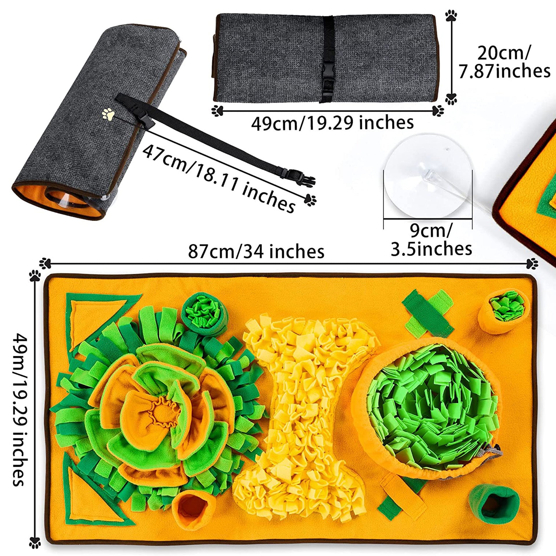 SniffGarden™ pet snuffle mat by Zuka & Co. for dogs and cats, with treat-hiding design, suction cups, and storage strap.