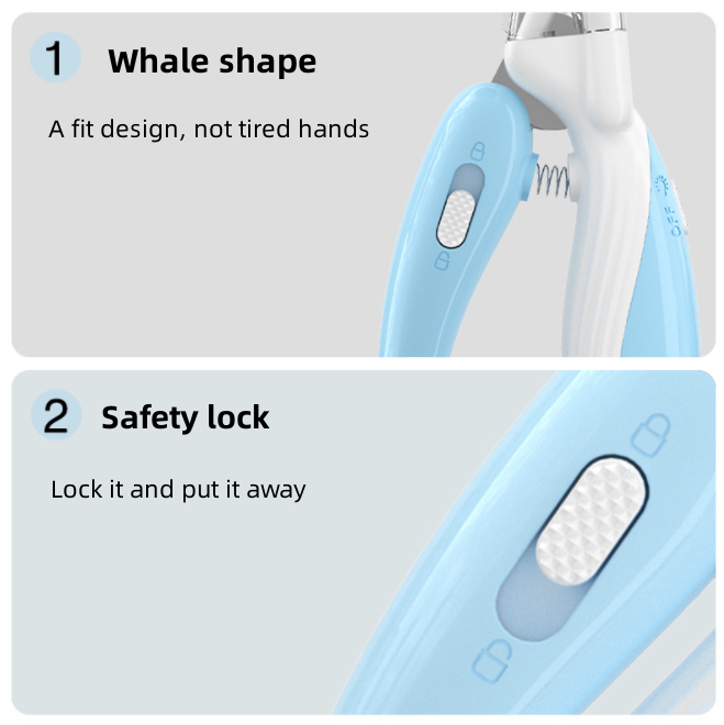 Zuka & Co. PawGlow LED pet nail clippers with safety light, quick-lock, and stainless steel blades for dogs, cats, and small pets.