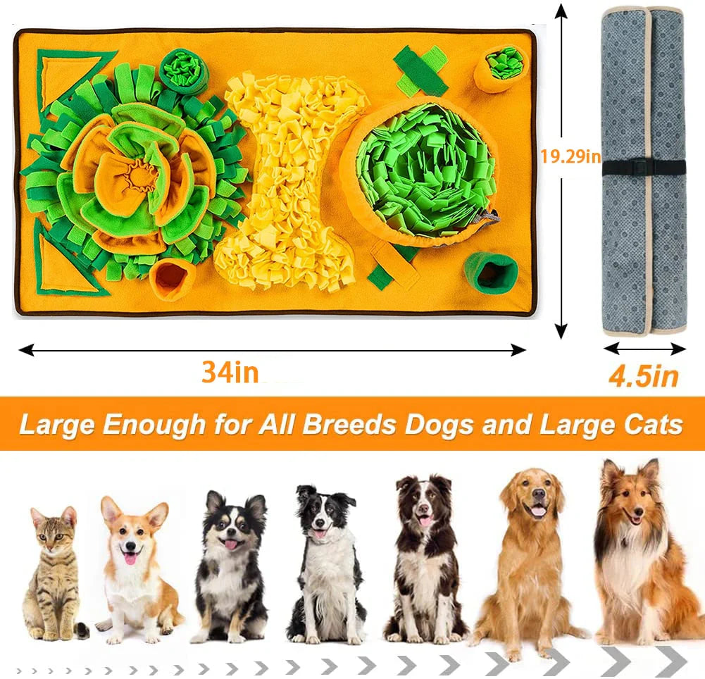 SniffGarden™ Pet Snuffle Mat by Zuka & Co. with treat-hiding design, suction cups, and storage strap for dogs and cats.
