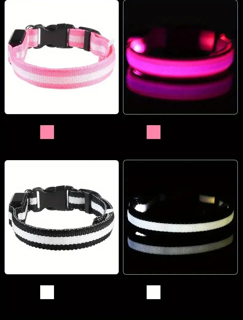 GlowPup™ LED dog collar by Zuka & Co. waterproof, adjustable with 3 flash modes and sturdy leash ring in XS–XL sizes.