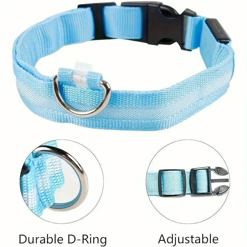 GlowPup™ LED dog collar by Zuka & Co. featuring waterproof design, adjustable fit, three flash modes, and a strong leash ring.