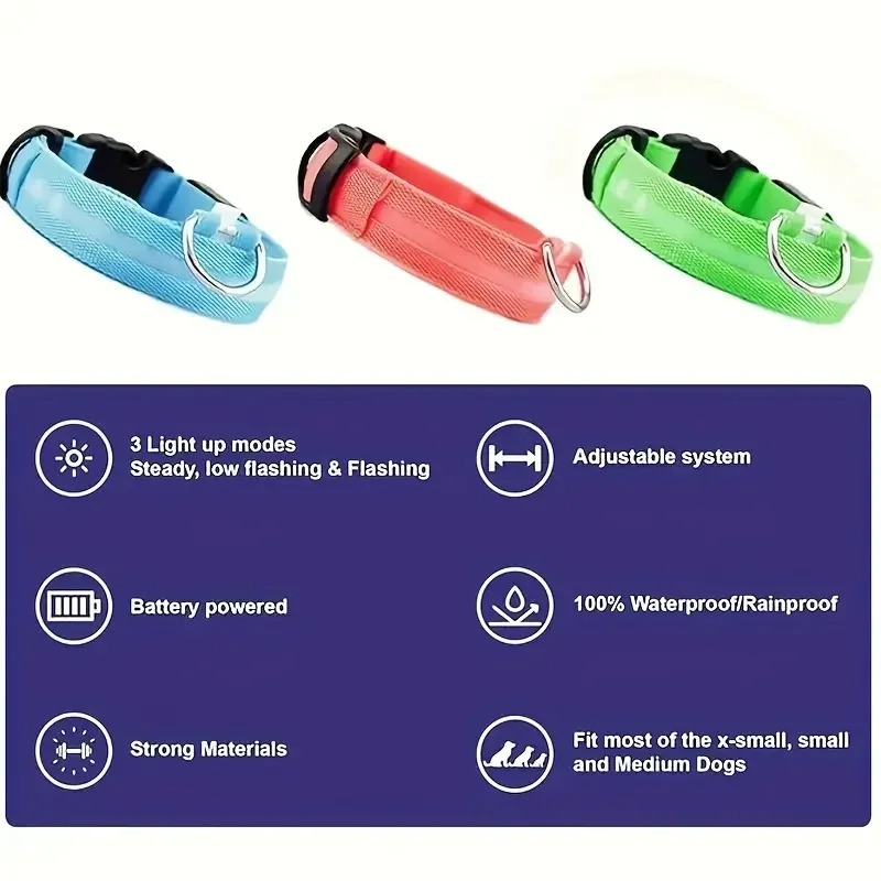 GlowPup™ LED dog collar by Zuka & Co. with waterproof design, adjustable fit, three flash modes, and sturdy leash ring.