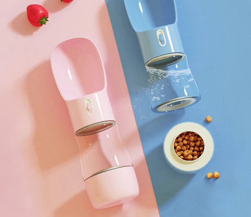 Zuka & Co. HydraBite™ Travel Bottle in 400ml, featuring water-only and 2-in-1 water plus food dispenser options.